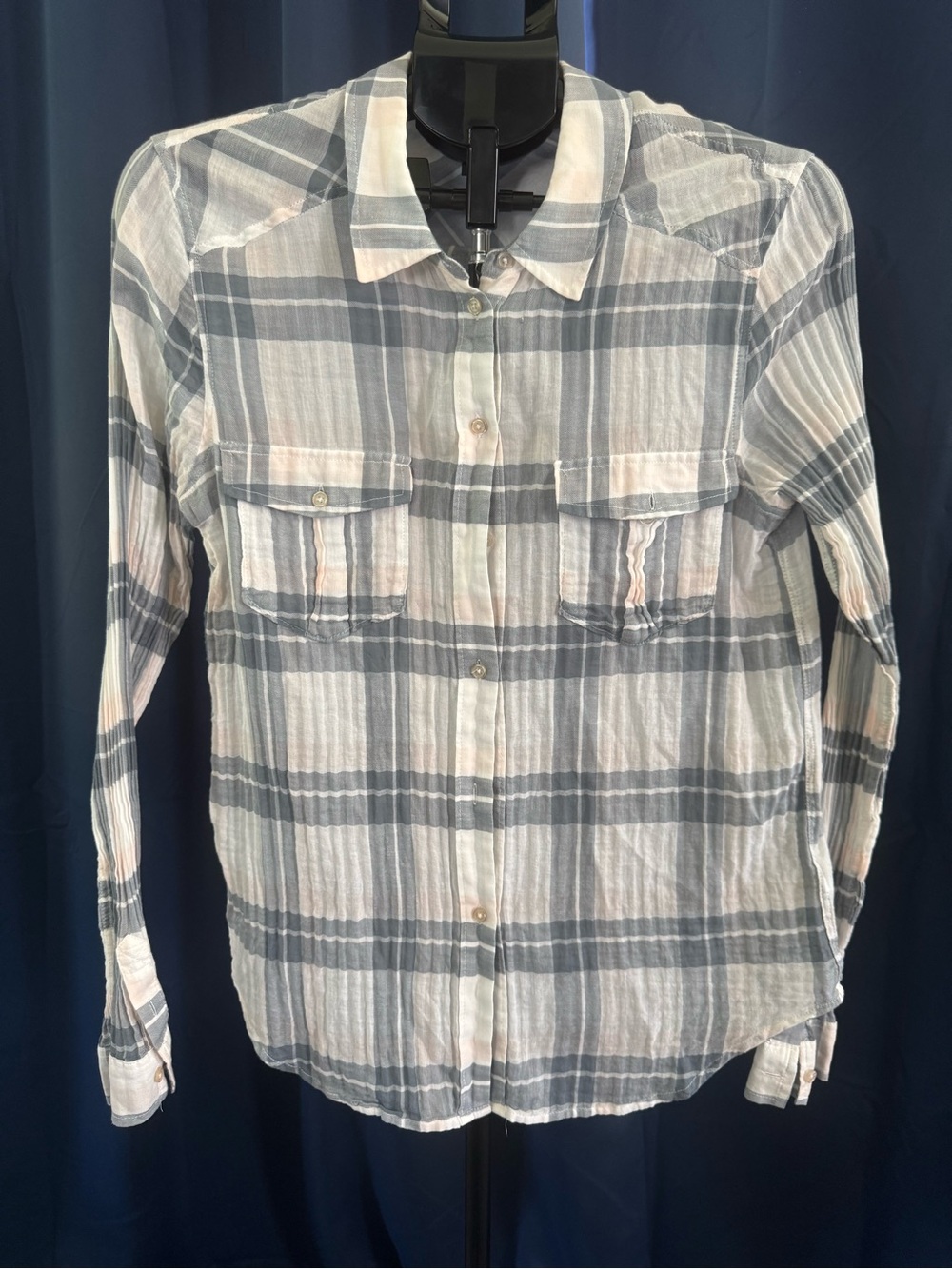 Paige Light Gray White Pale Peach Plaid Button-Up Shirt Size Large 100% Cotton